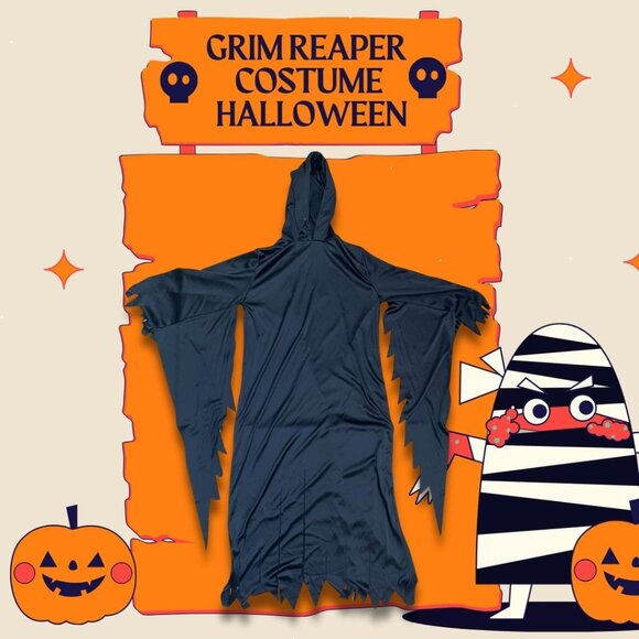 Grim Reaper Halloween Costume With Hood & Jagged Sleeves Adult Size Long Black C - Picture 1 of 6